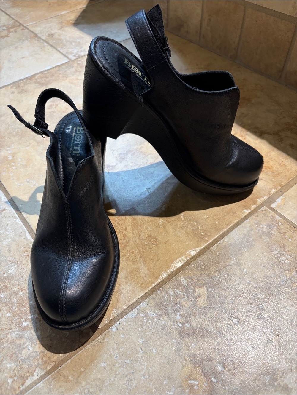 Born Black Leather Platform Slingback Bootie Heels